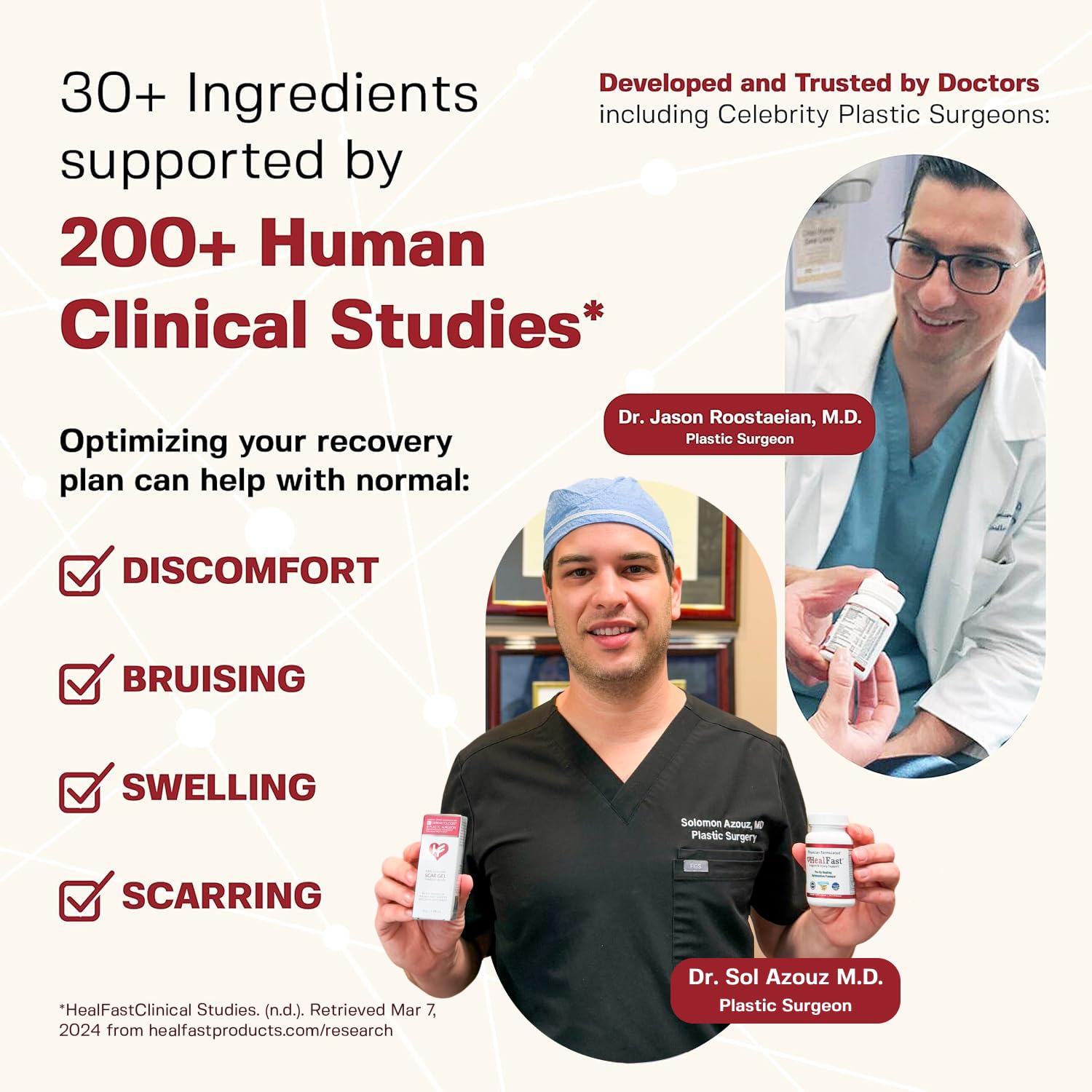 Person holding HealFast Complete bottle with morning routine cues for pre- and post-op support.