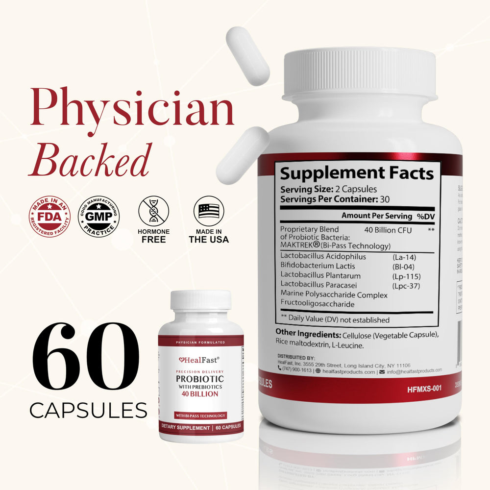 Graphic illustrating gut health benefits from HealFast Probiotic 40B CFU