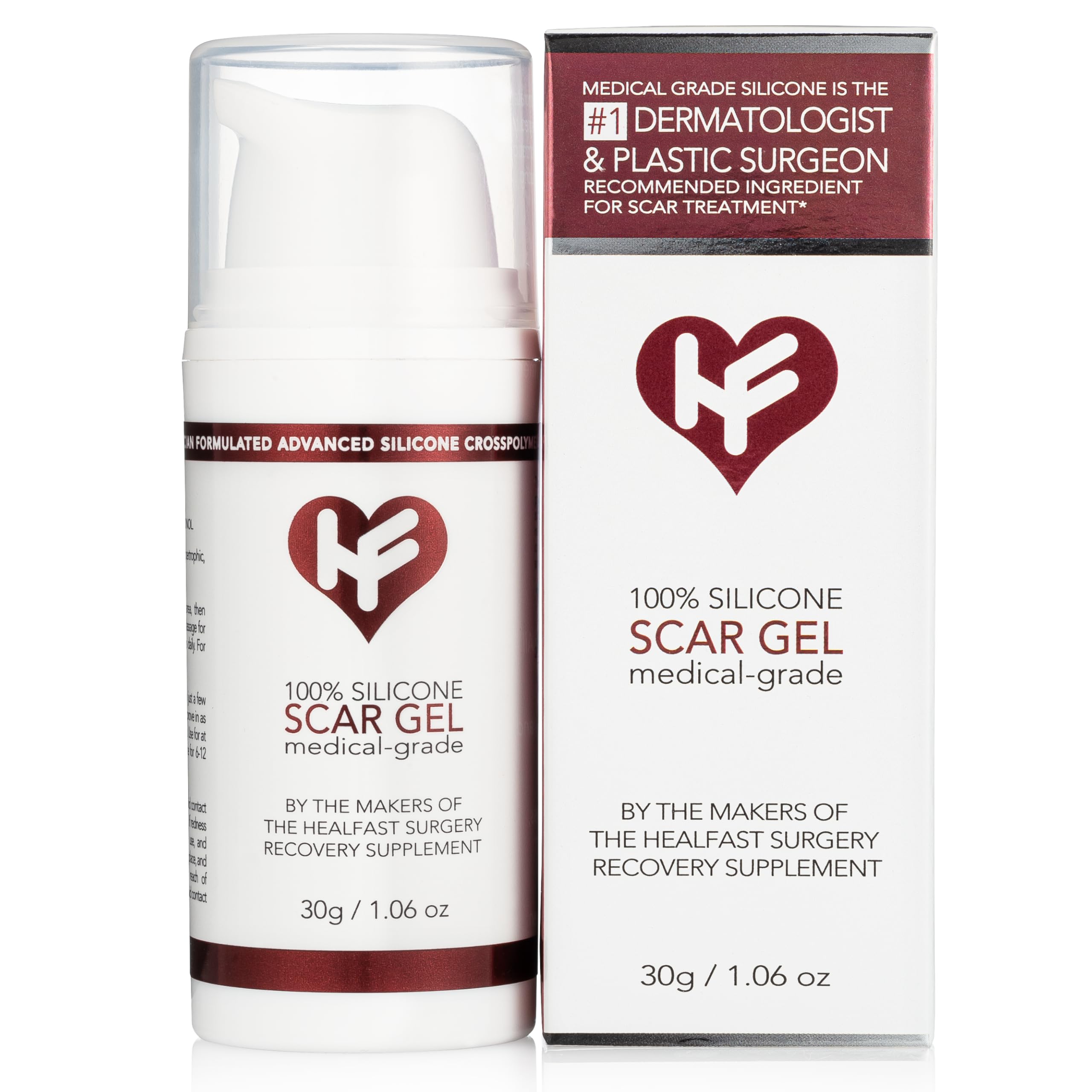 HealFast silicone scar gel bottle closeup showing medical-grade formula for scar care and comfort.