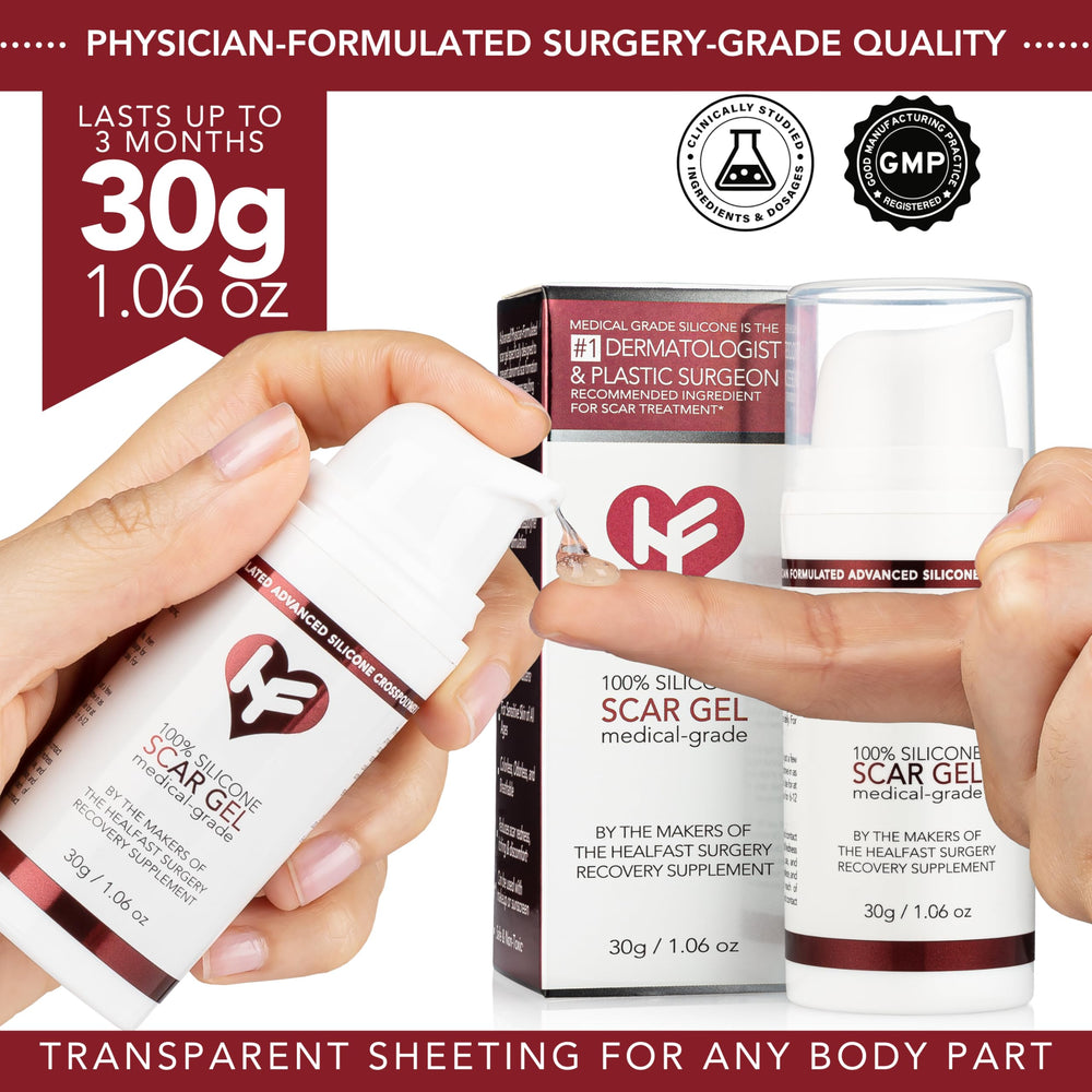 HealFast silicone scar gel packaging box emphasizing physician-made crosspolymer technology.