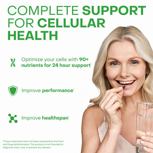 AM and PM capsule bottles showing 90+ vitamins and nutrients