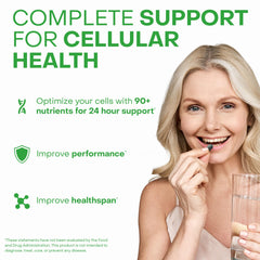 AM and PM capsule bottles showing 90+ vitamins and nutrients
