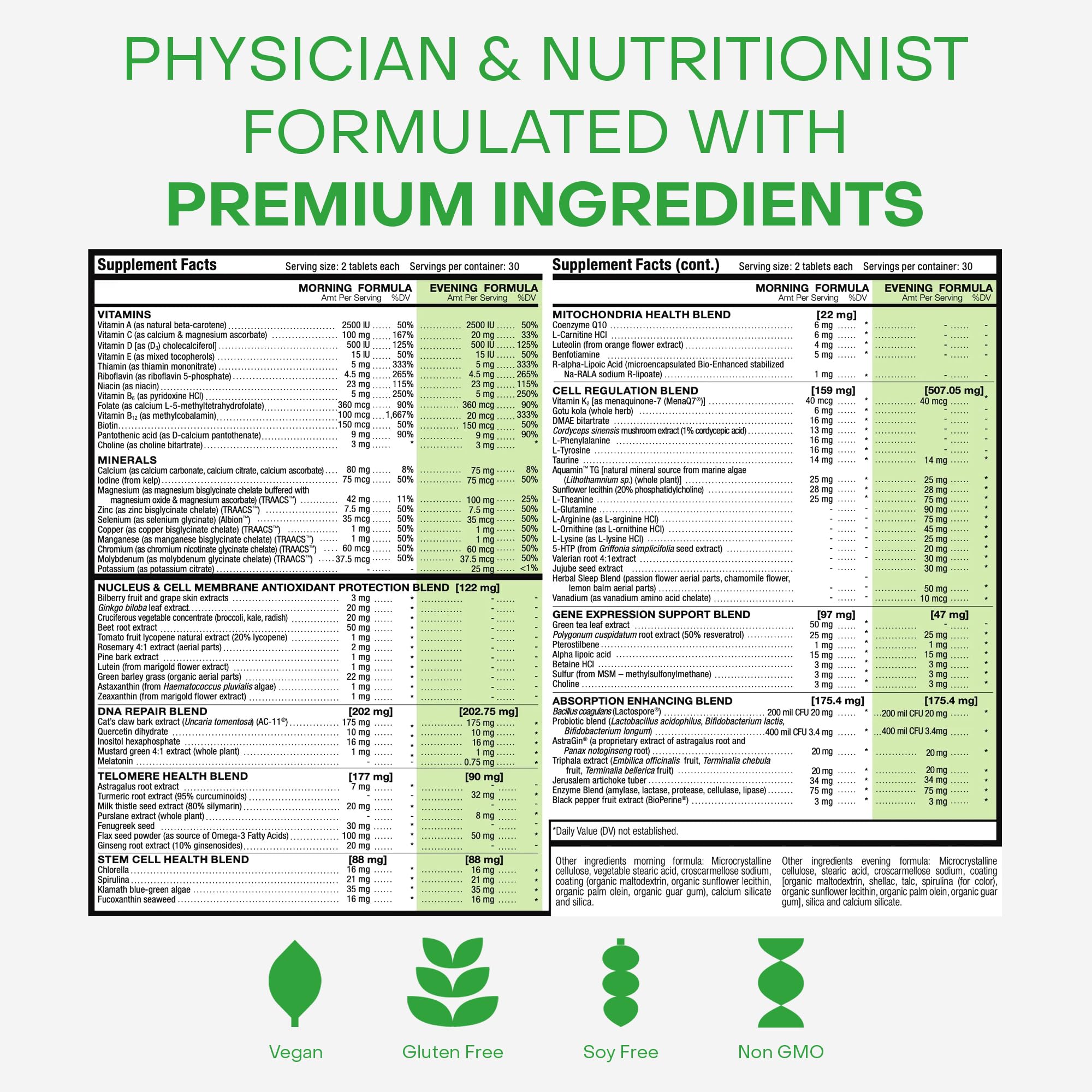 Front view of HealthyCell AM/PM packaging and tablets