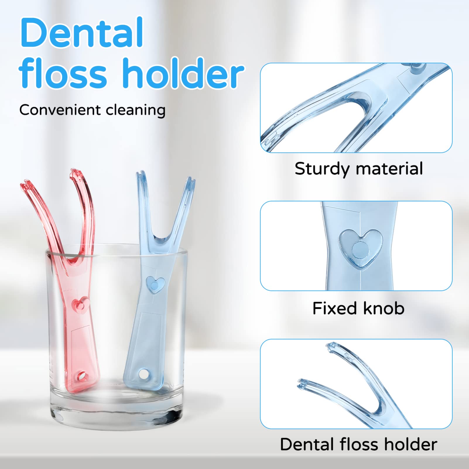 Compact travel-friendly floss holder in pink and blue