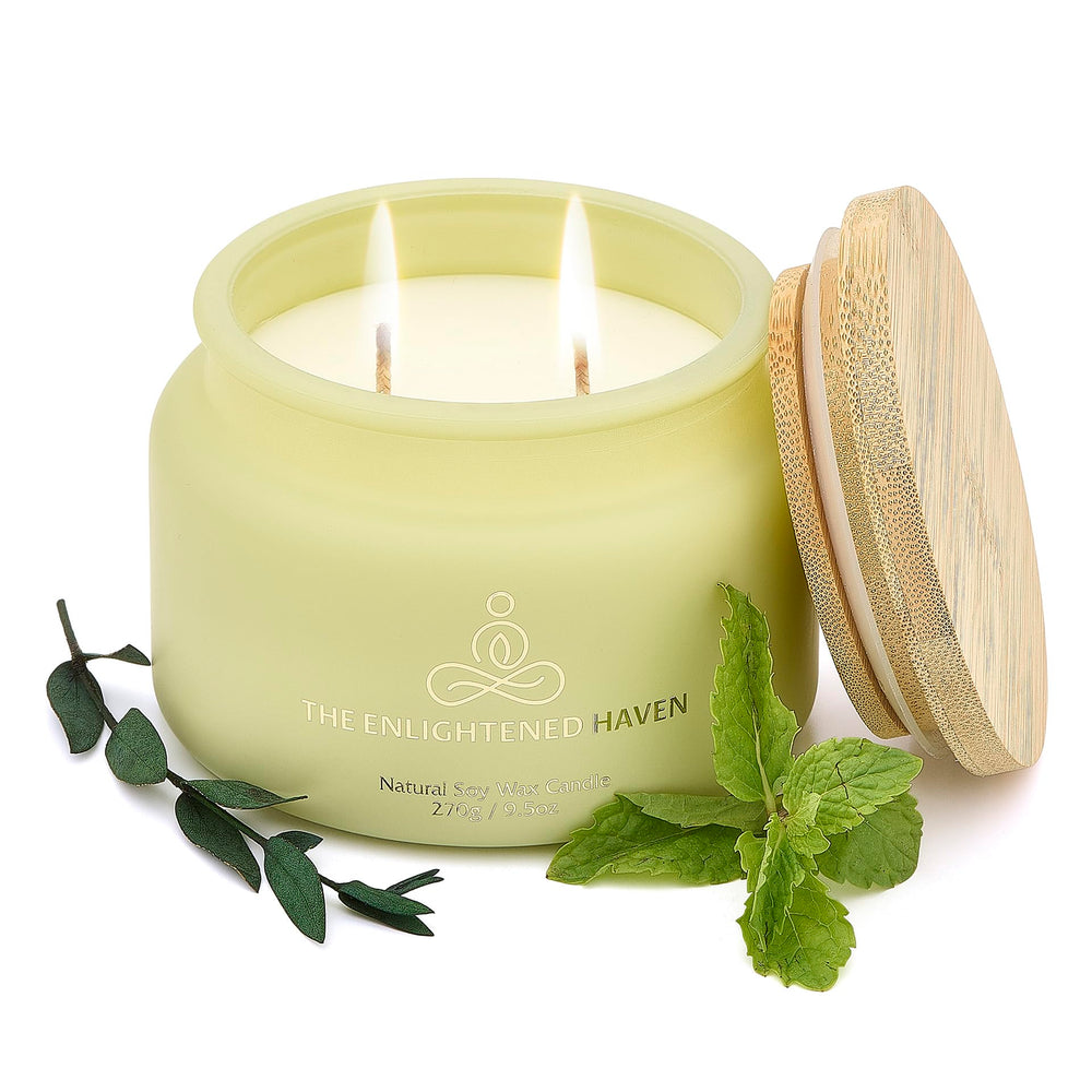 Healing candle jar with lid, 9.5 oz, eucalyptus and peppermint scent, two wicks.