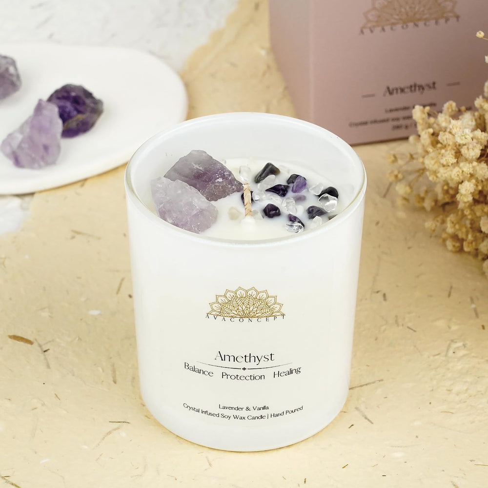 Amber Ocean fragrance with Lazurite crystals in a premium candle.