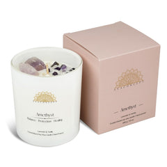 Amethyst and Clear Quartz crystals inside a 10oz jar candle.