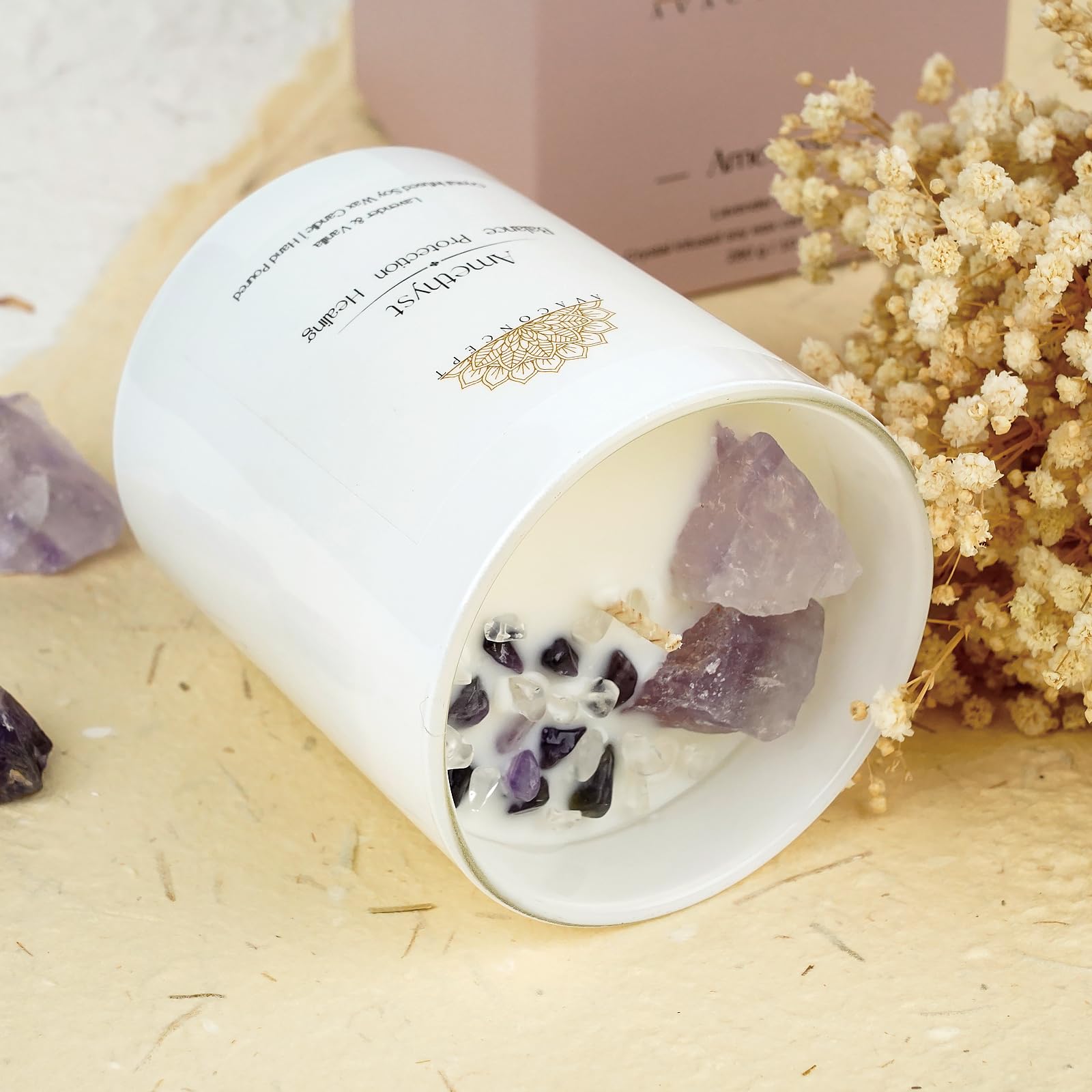 Crystal arrangement inside a white 10oz jar candle.