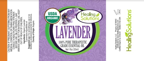 Label showing organic certification on lavender essential oil bottle