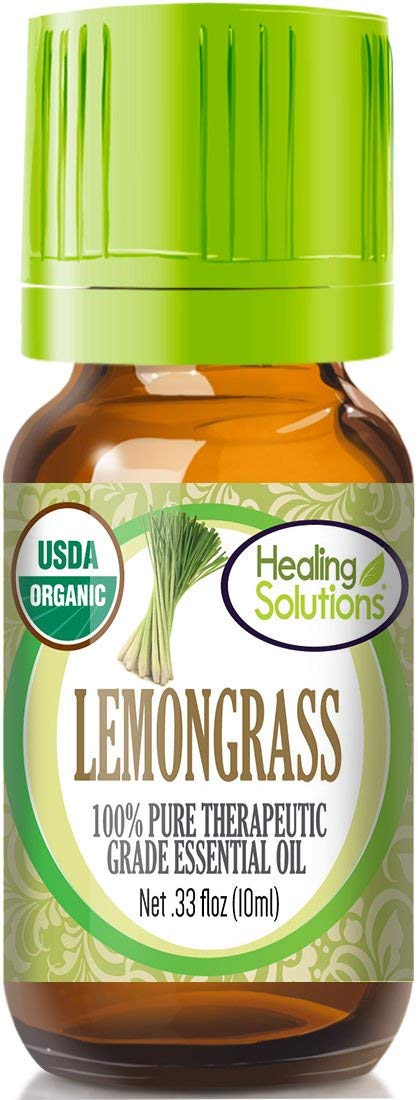 Front view of Healing Solutions Organic Lemongrass Essential Oil 0.33 oz bottle