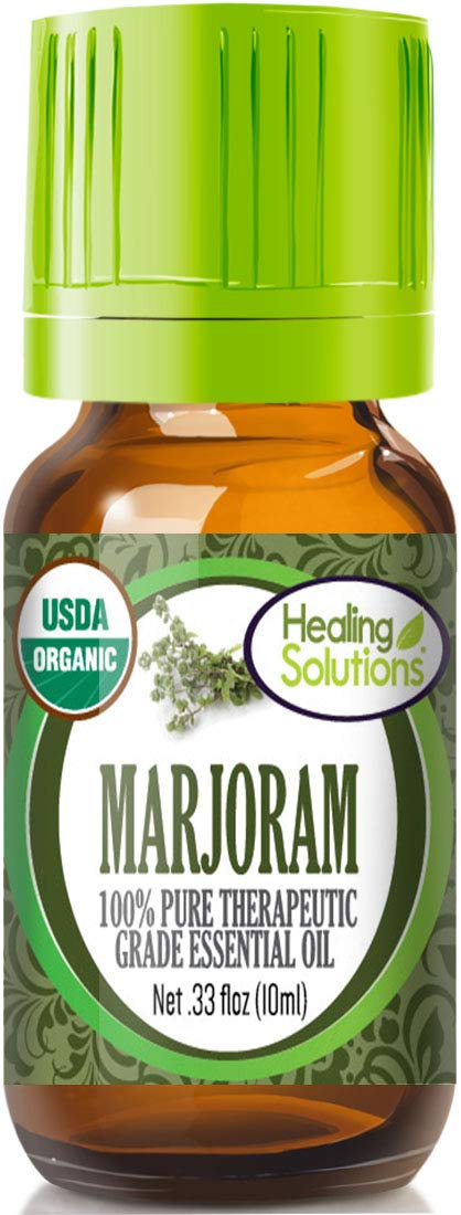 Front view of Healing Solutions Organic Marjoram Essential Oil 0.33 oz bottle