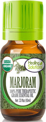 Front view of Healing Solutions Organic Marjoram Essential Oil 0.33 oz bottle