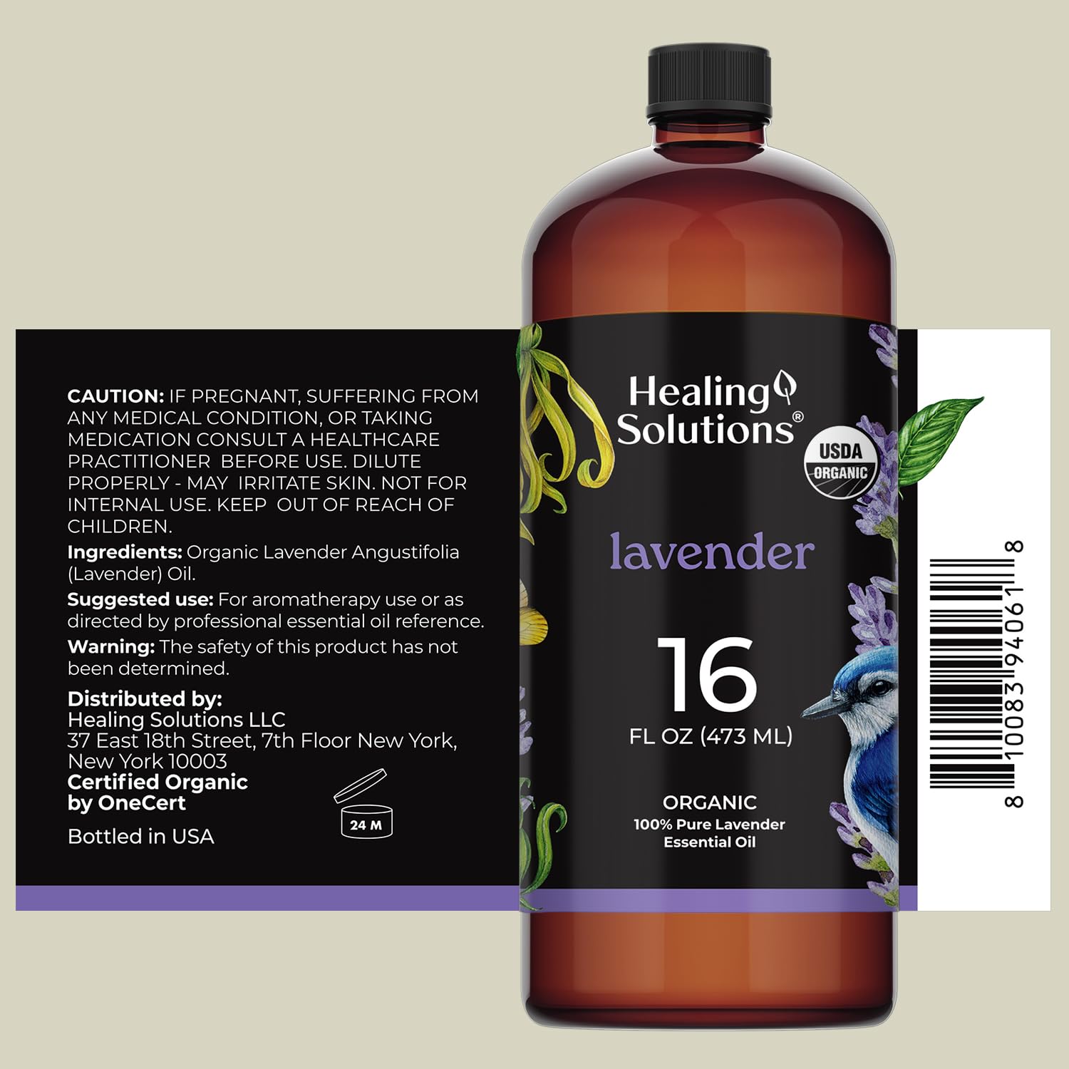 Back label of Healing Solutions Organic Lavender Essential Oil 16oz bottle
