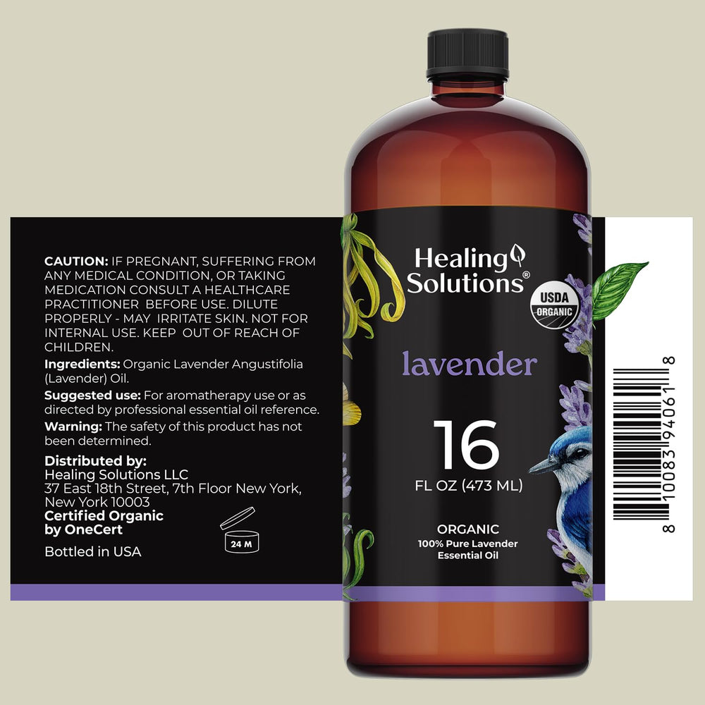 Back label of Healing Solutions Organic Lavender Essential Oil 16oz bottle