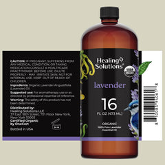 Back label of Healing Solutions Organic Lavender Essential Oil 16oz bottle
