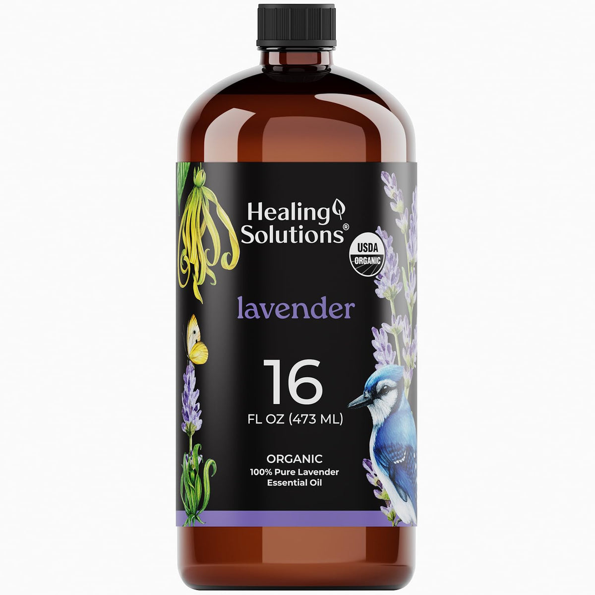 Front view of Healing Solutions Organic Lavender Essential Oil 16oz bottle
