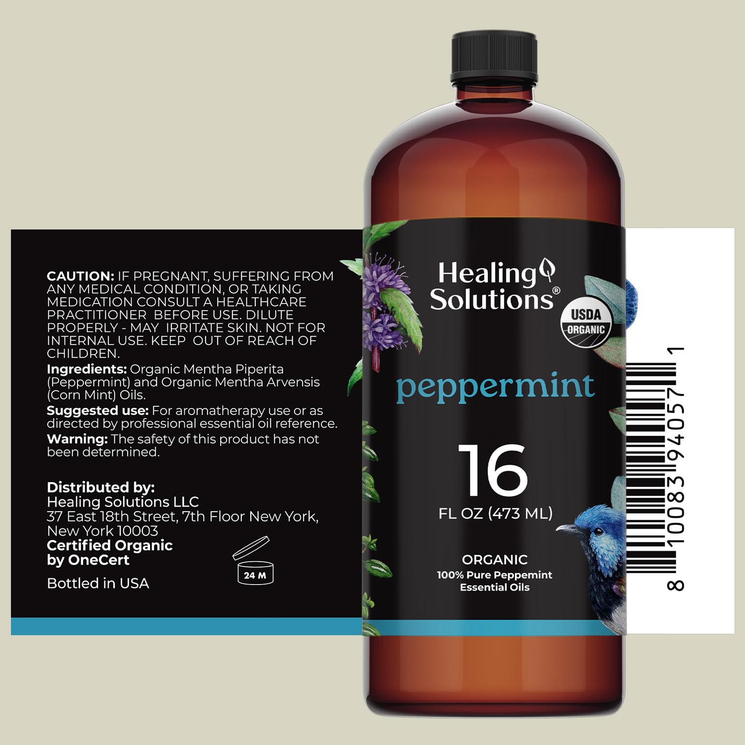 Close-up of Healing Solutions peppermint oil in amber bottle
