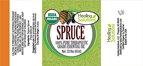 Close-up of Healing Solutions Spruce Oil bottle