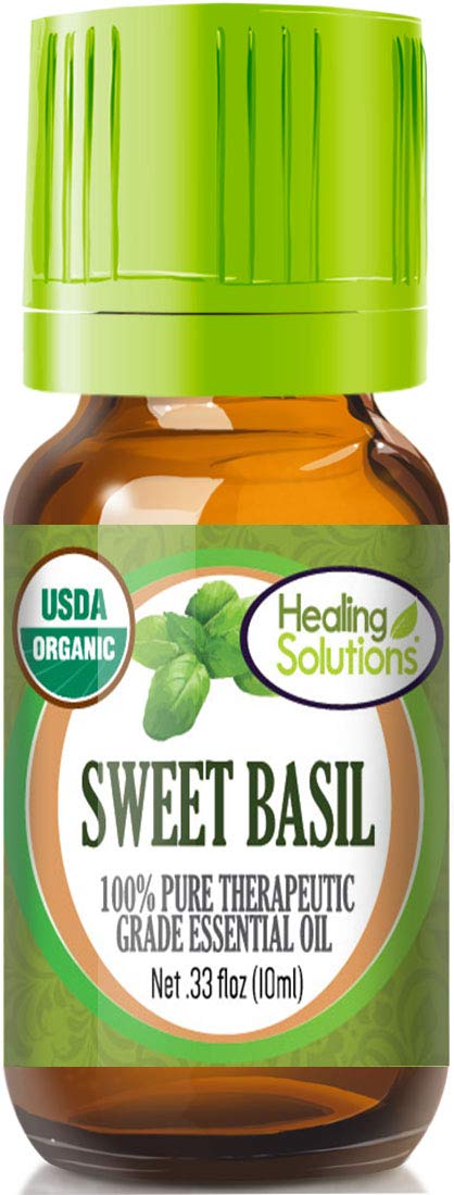 Healing Solutions Organic Sweet Basil Essential Oil 10ml bottle with dropper