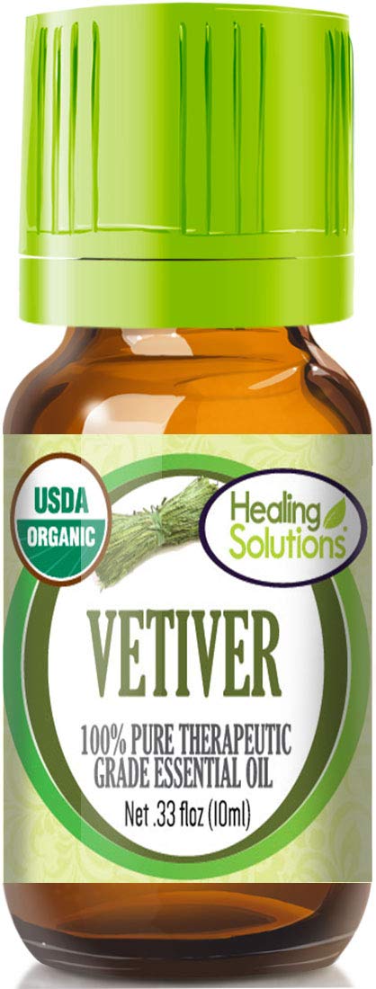 Front view of Healing Solutions Vetiver Essential Oil bottle 0.33 oz