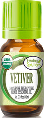 Front view of Healing Solutions Vetiver Essential Oil bottle 0.33 oz