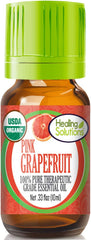 Healing Solutions Grapefruit Essential Oil bottle with Organic Pink Grapefruit label, 0.33 fl oz
