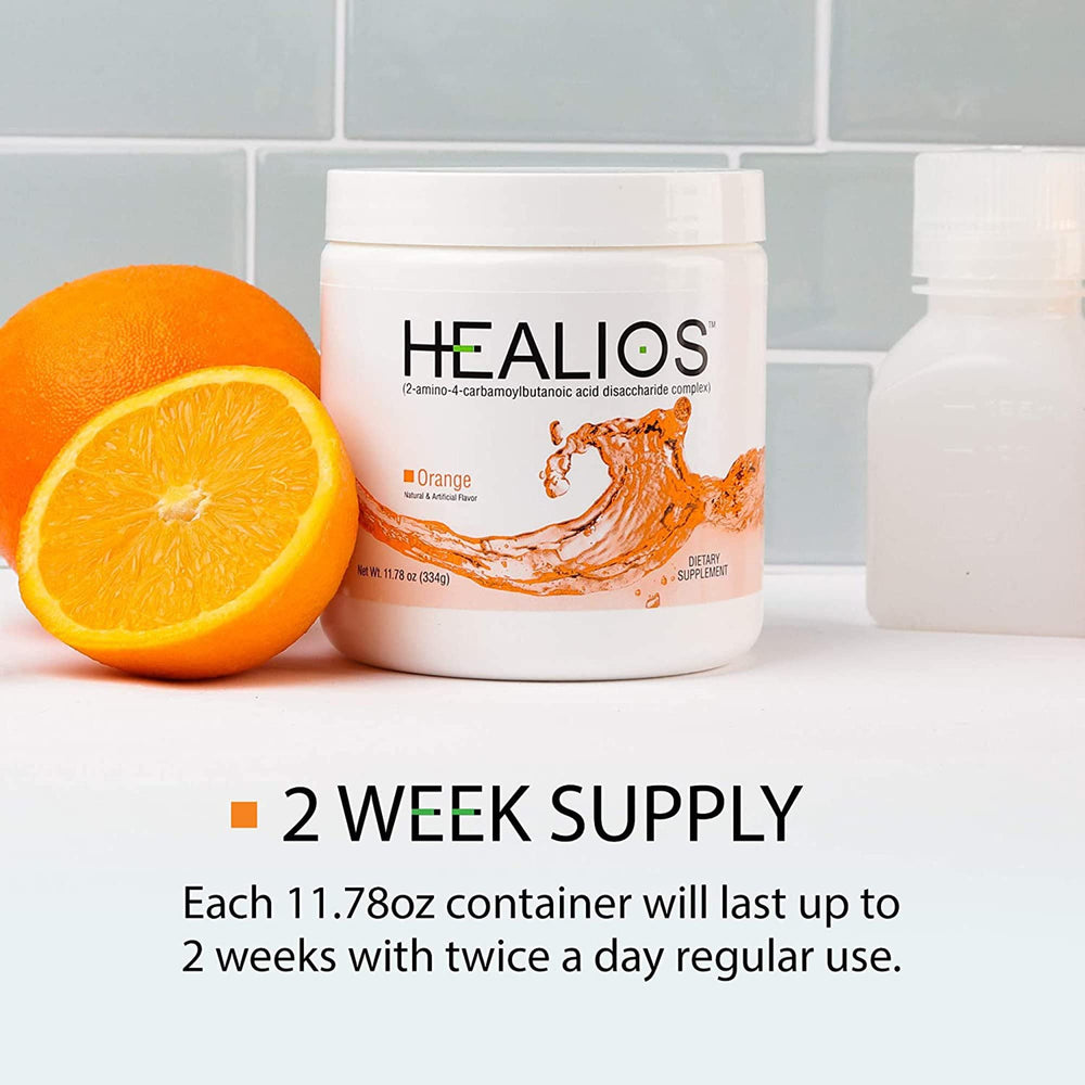 Healios orange drink ready after mixing for convenient use.