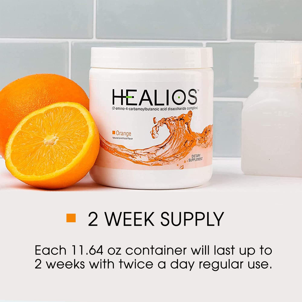 Healios orange flavor powder label showing ingredients