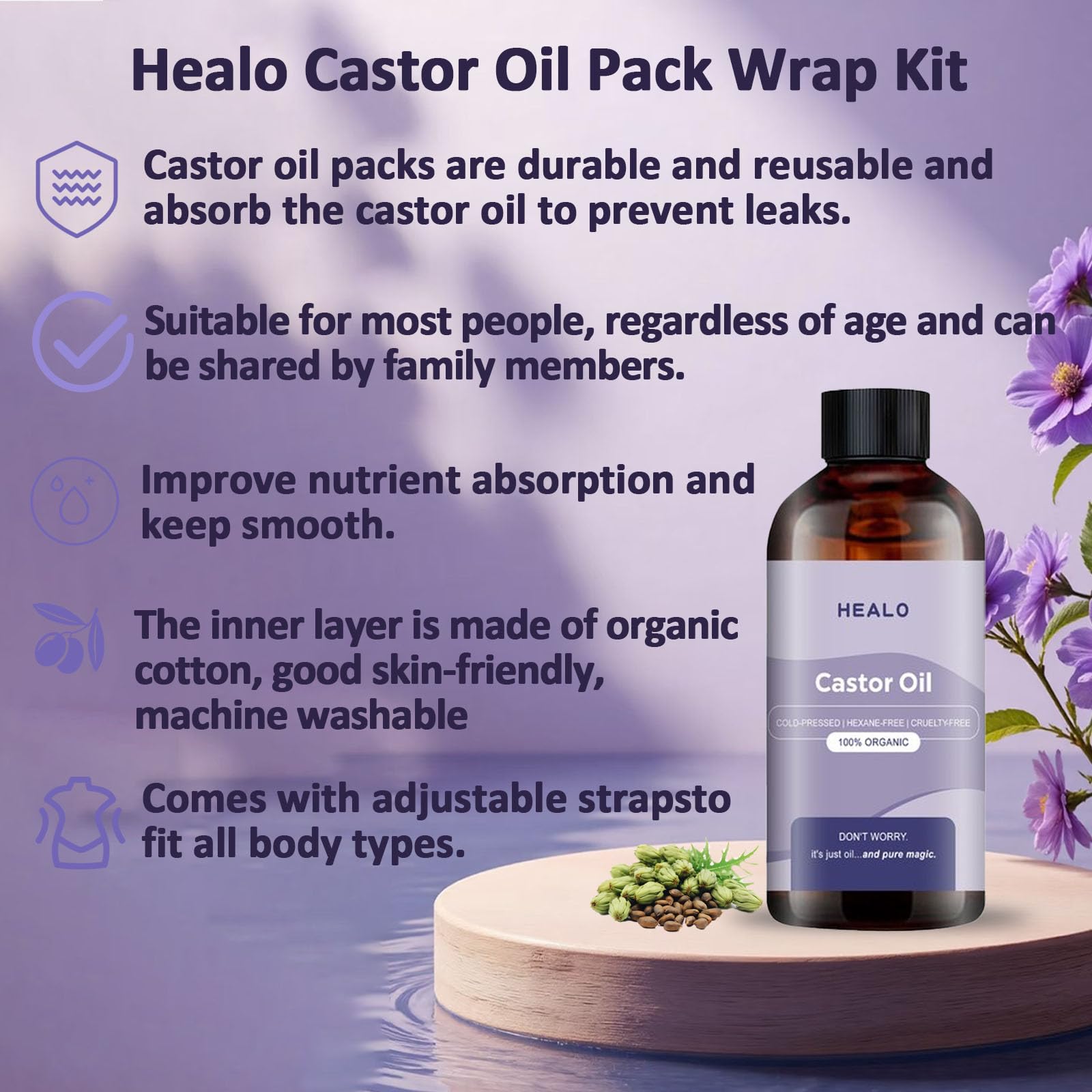 Back view of Healo Castor Oil Pack Wrap Kit