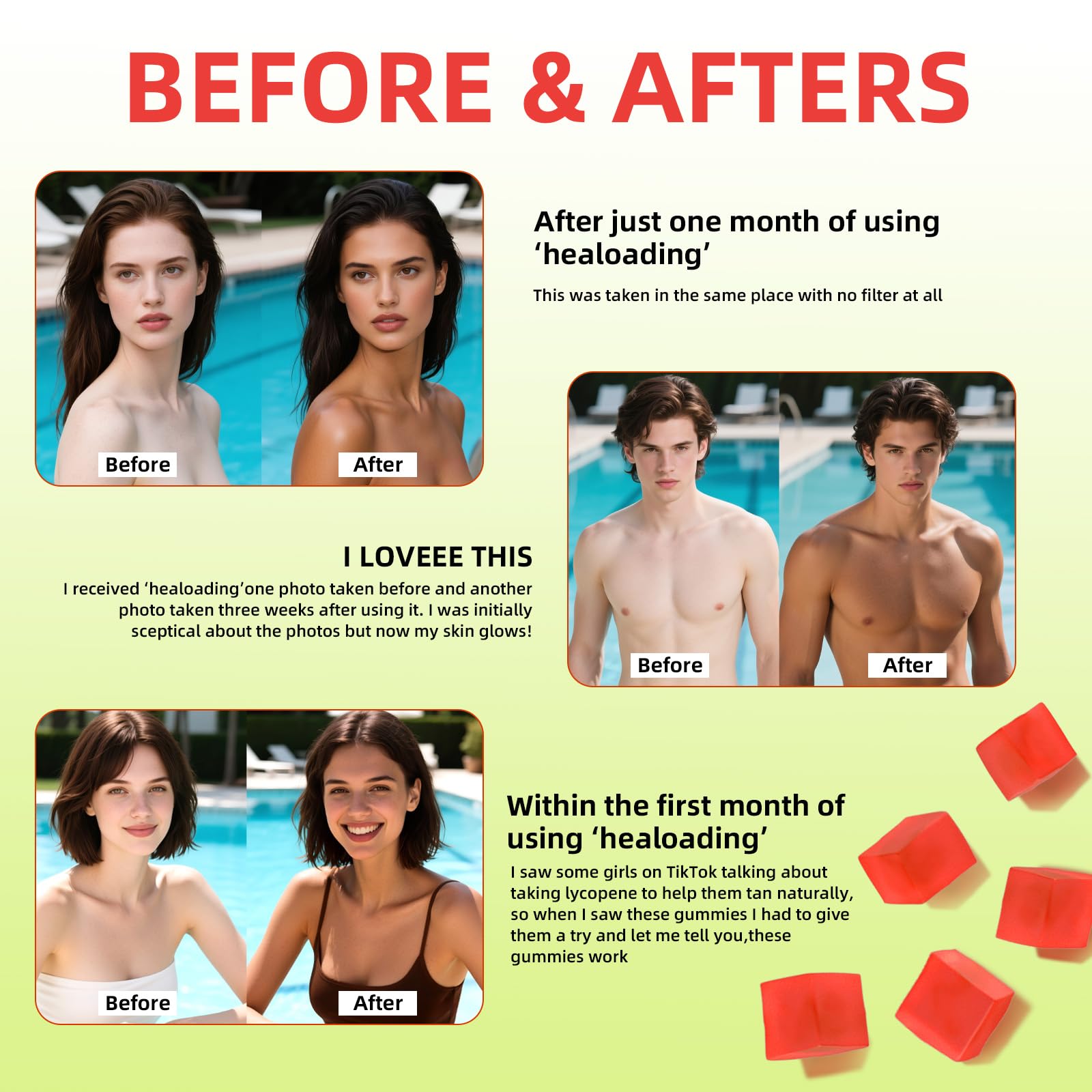 Close-up of HEALOADING tanning gummy with watermelon flavor