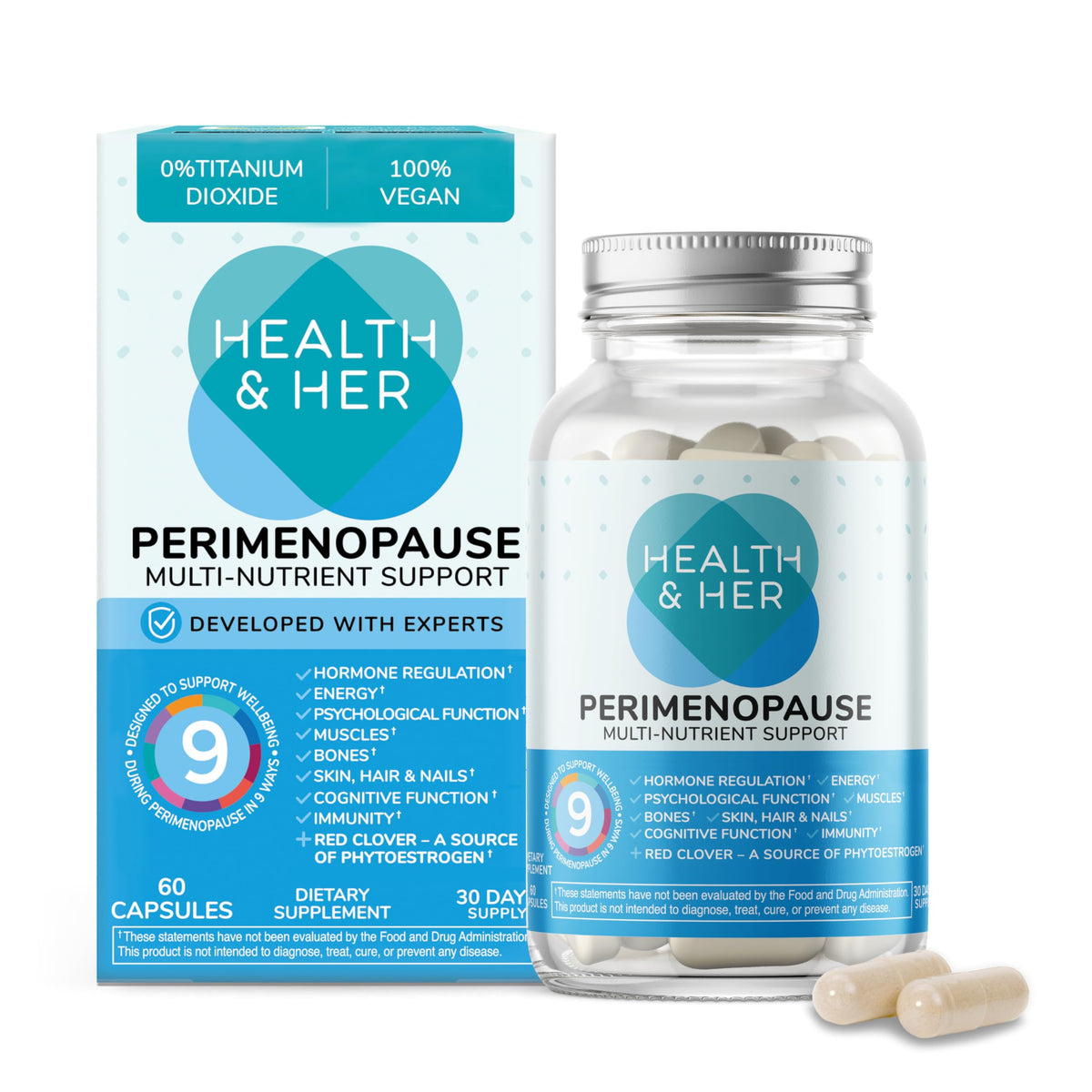Health & Her Perimenopause bottle shown on a kitchen counter for daily wellness.