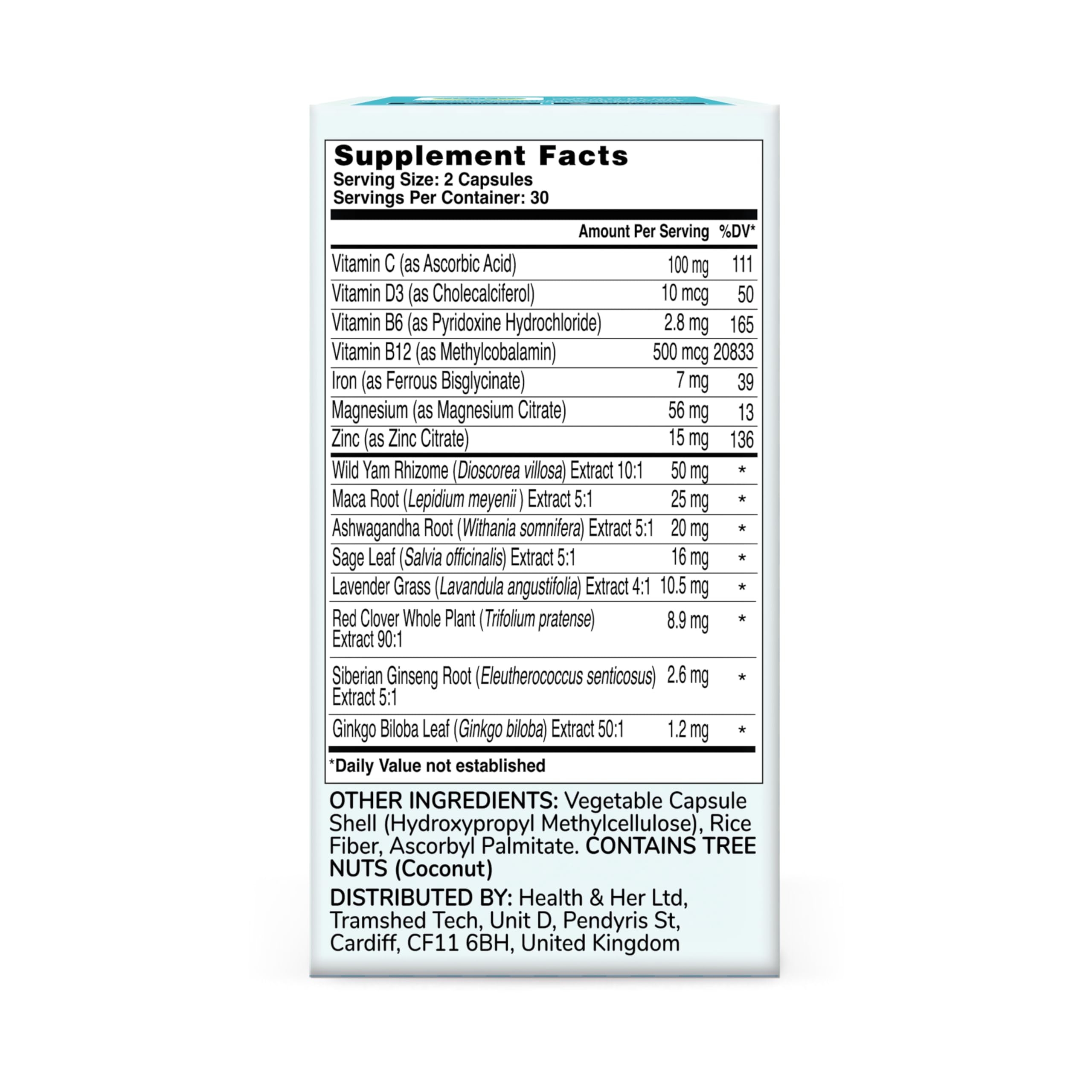 Close-up of Health & Her Perimenopause ingredients highlighting botanicals for balance and energy.