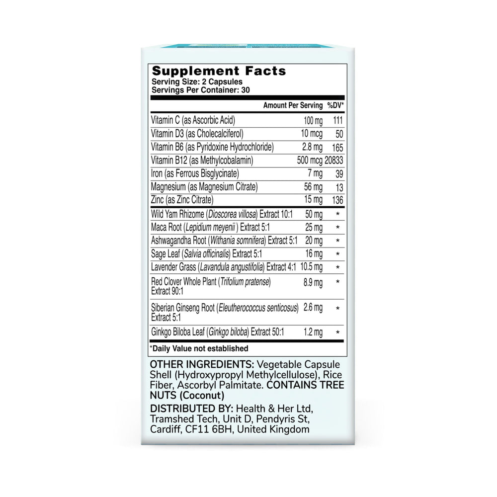 Close-up of Health & Her Perimenopause ingredients highlighting botanicals for balance and energy.