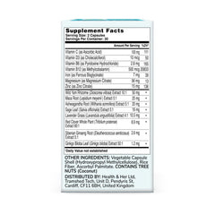 Close-up of Health & Her Perimenopause ingredients highlighting botanicals for balance and energy.