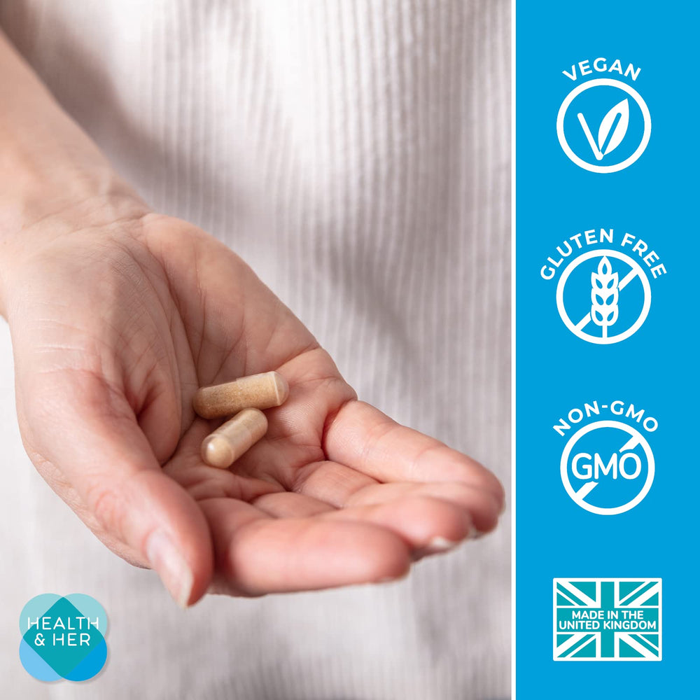 Packaging and branding of Health & Her Perimenopause indicating quality, vegan and gluten-free.