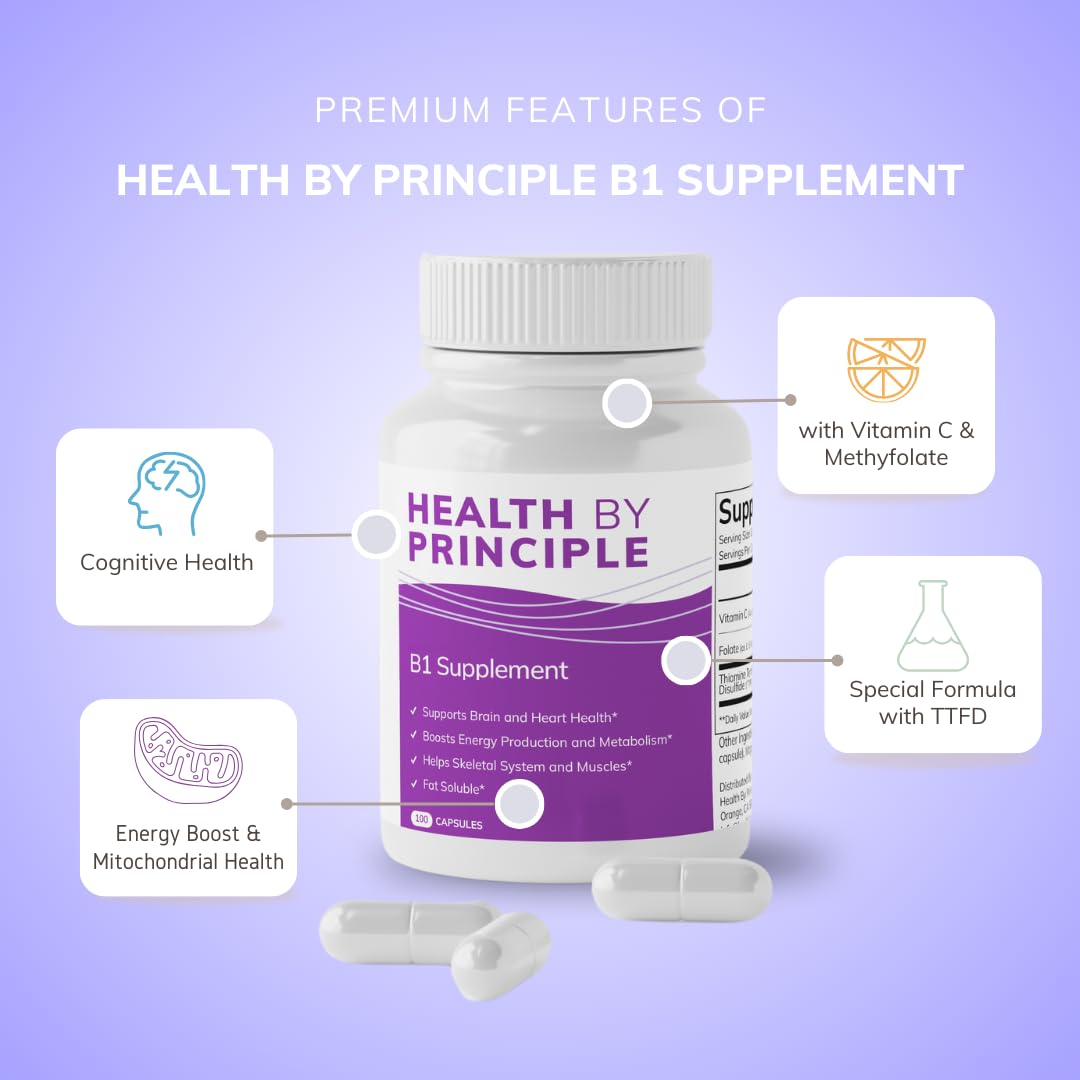B1 supplement capsules on bottle label showing 100 capsules