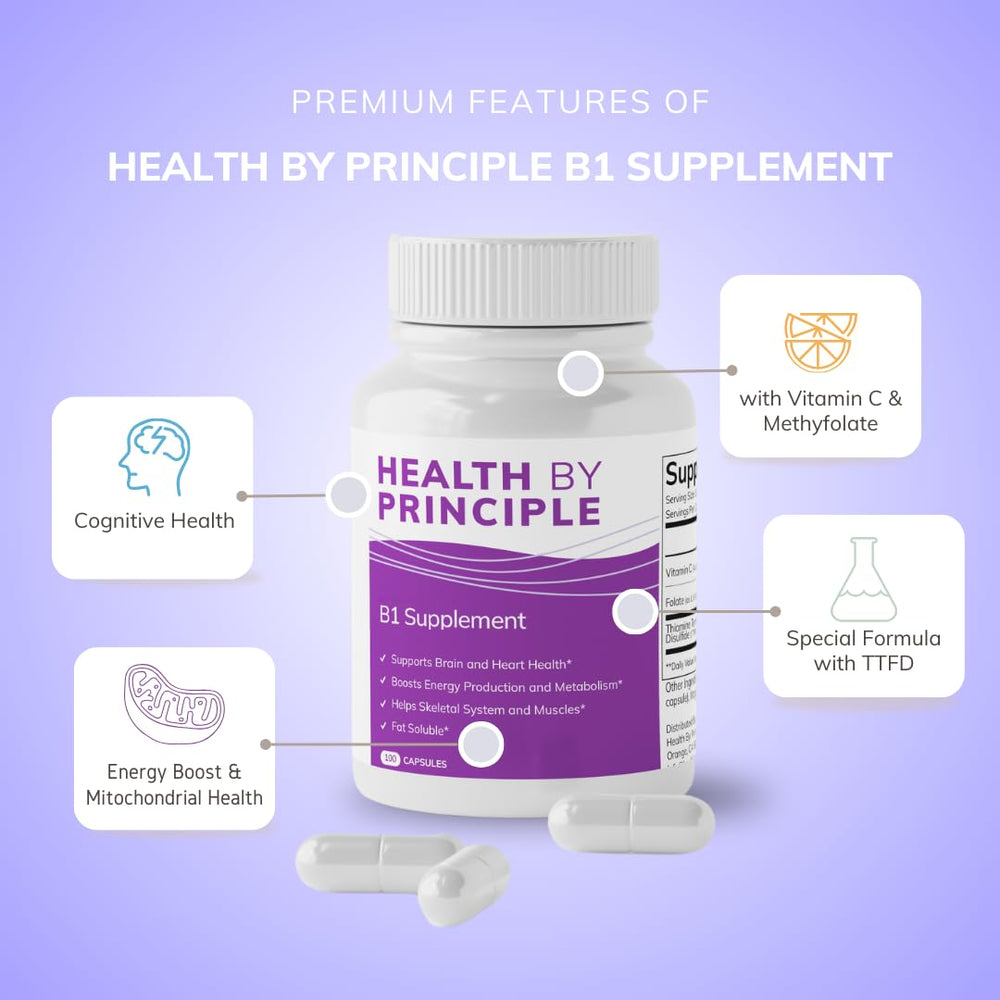 B1 supplement capsules on bottle label showing 100 capsules