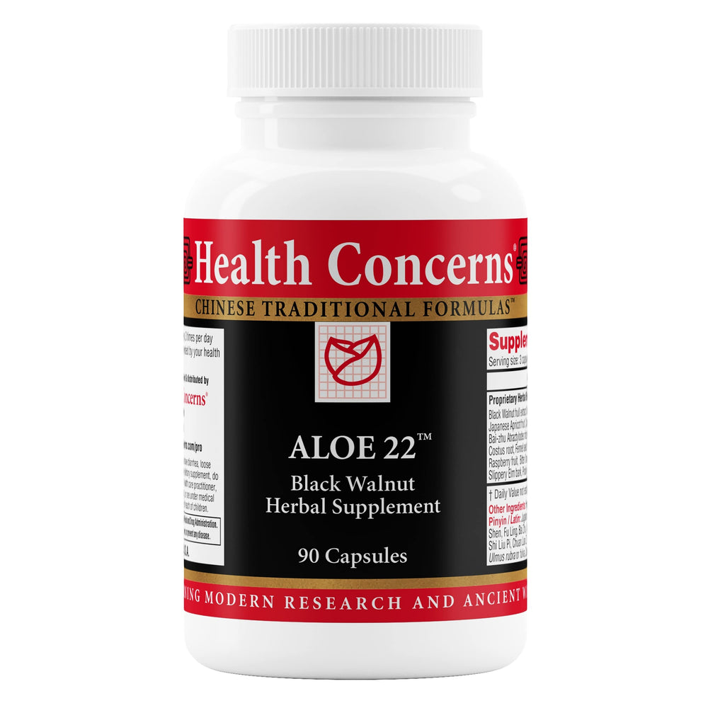 Health Concerns Aloe 22 bottle labeled for digestive support