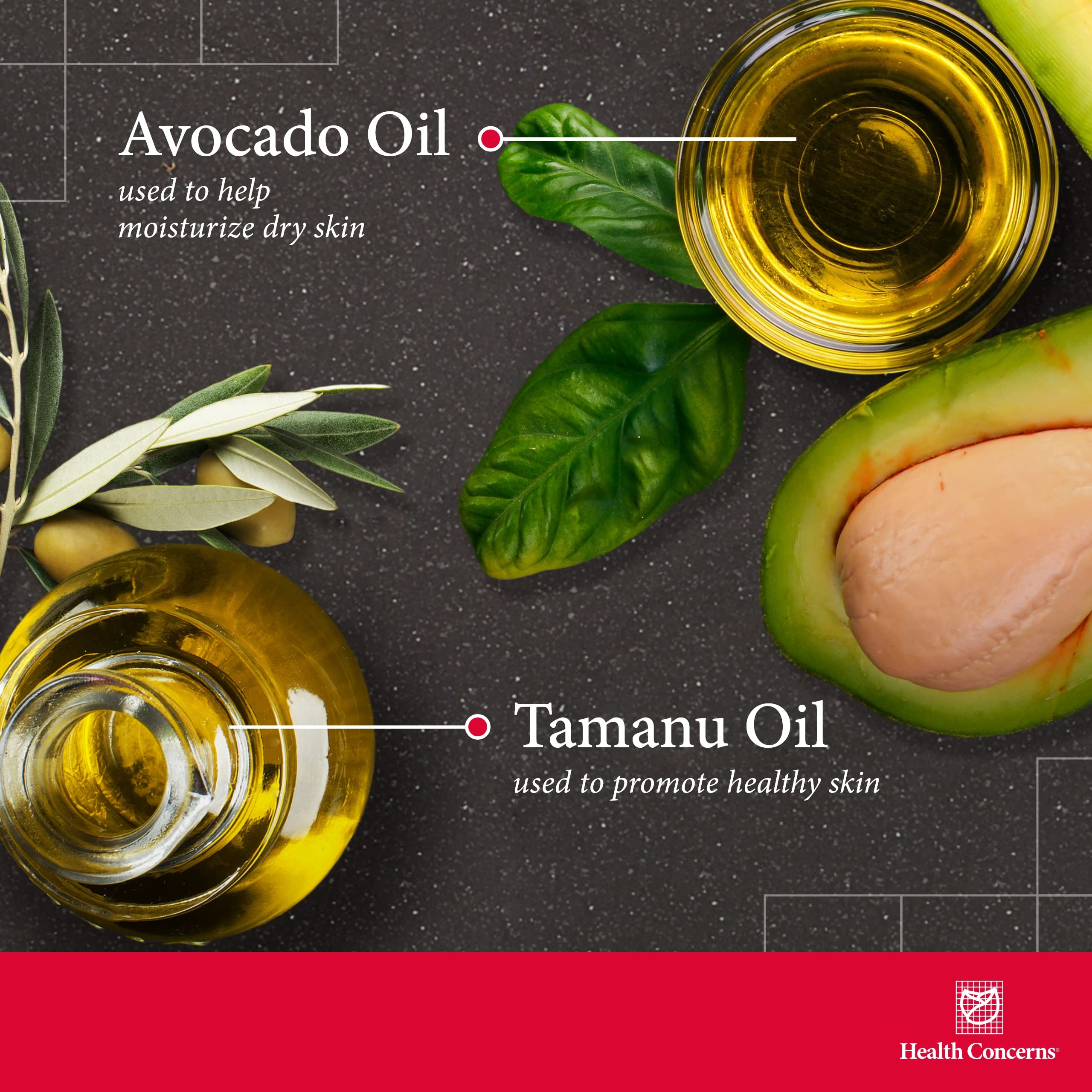 Health Concerns Tamu Oil ingredients image showcases tamanu, avocado, and peppermint for nourishing care