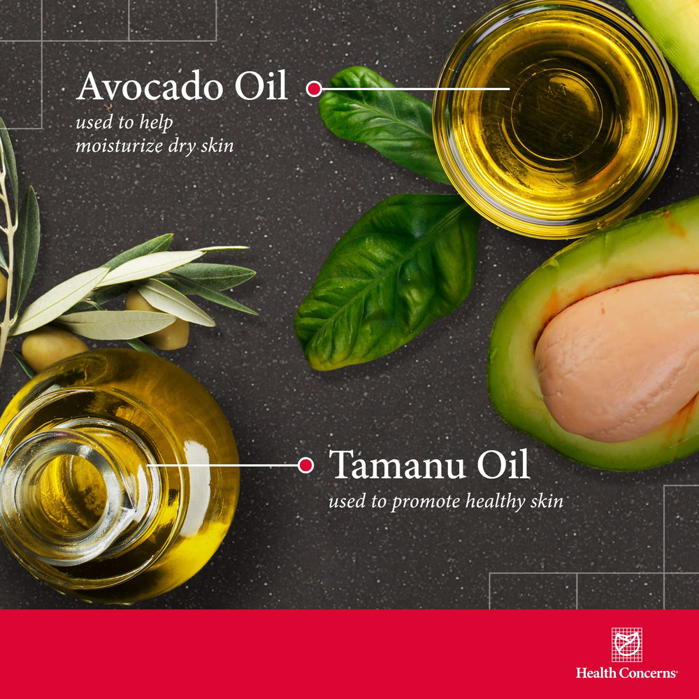 Health Concerns Tamu Oil ingredients image showcases tamanu, avocado, and peppermint for nourishing care