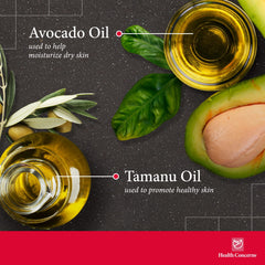 Health Concerns Tamu Oil ingredients image showcases tamanu, avocado, and peppermint for nourishing care