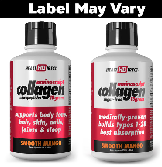 Close-up of AminoSculpt label showing 18g collagen per serving