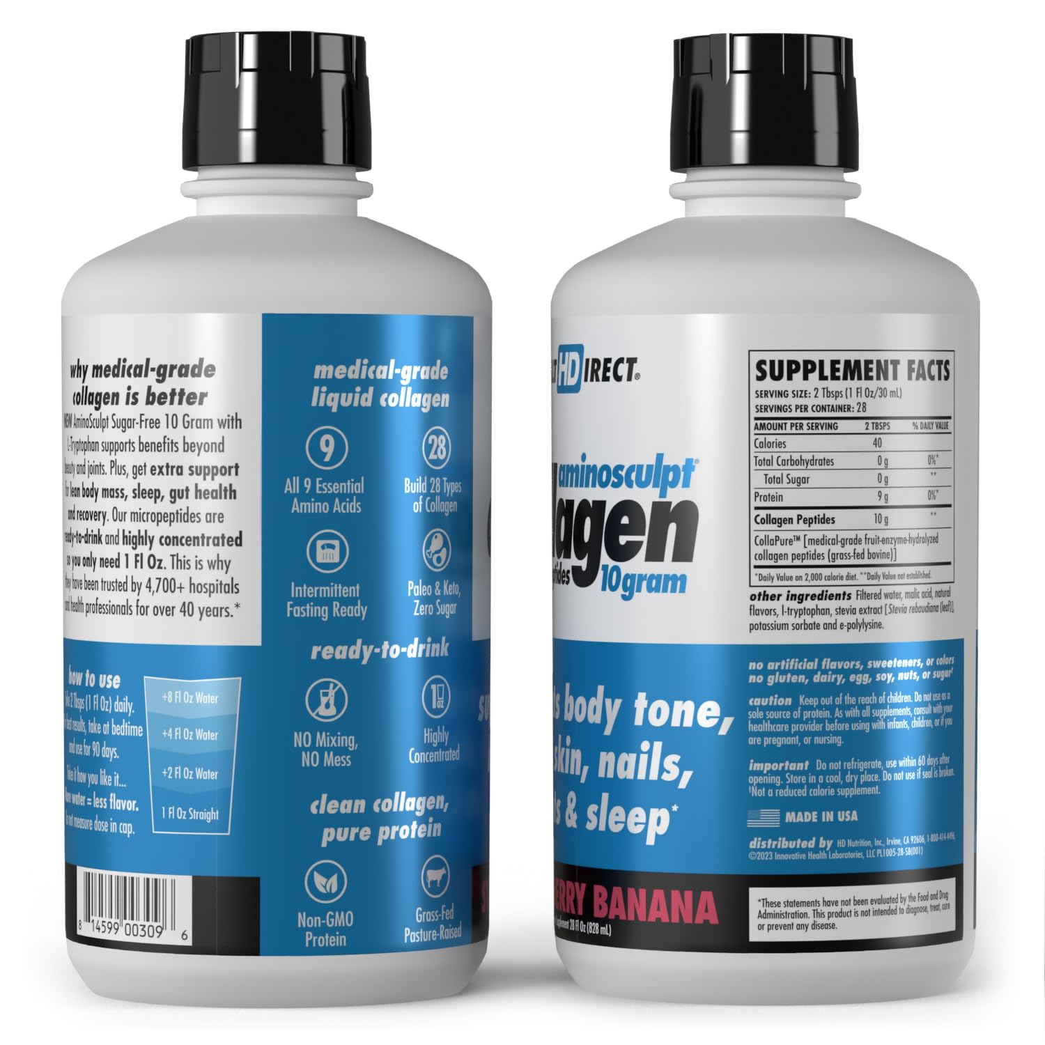 A close pour of HEALTH DIRECT AminoSculpt liquid collagen bottle.