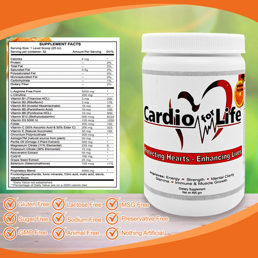 L-Arginine powder scoop and jar on a white surface