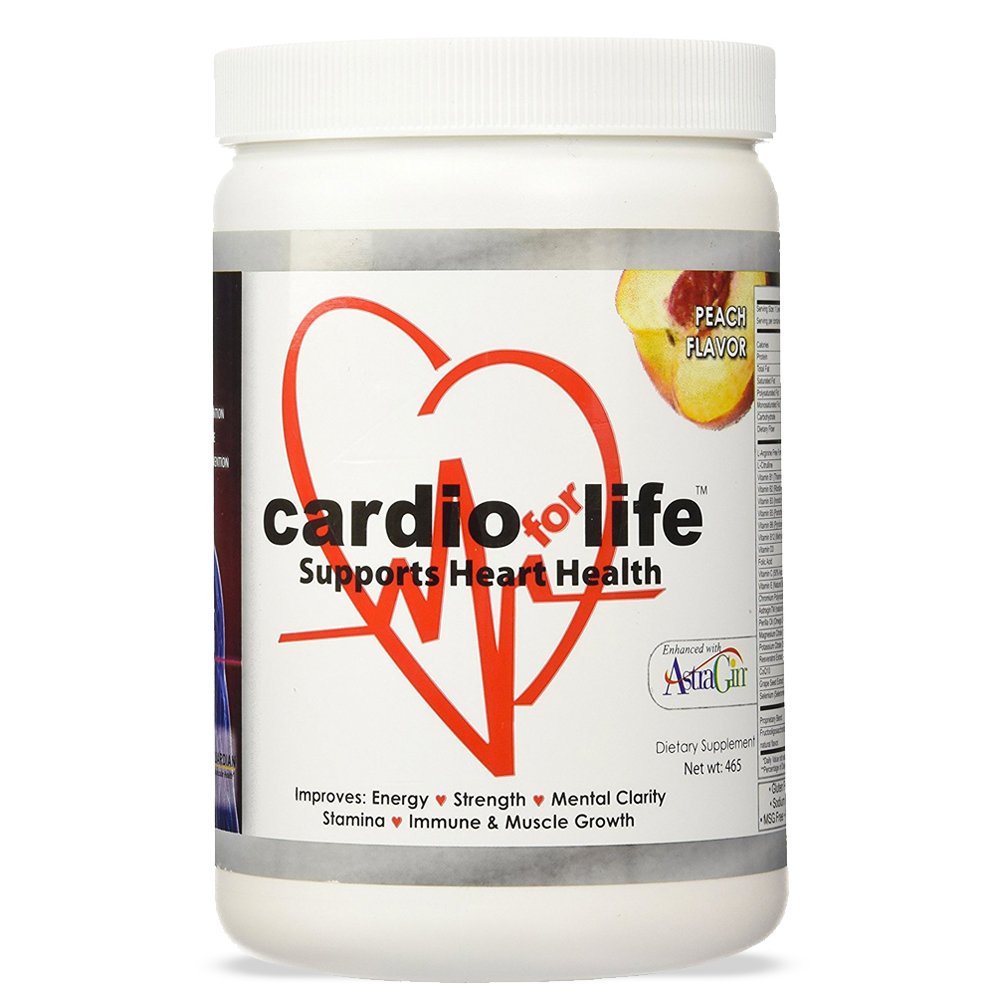 Health Guardian Cardio for Life powder tub with peach flavor supports heart health daily energy.