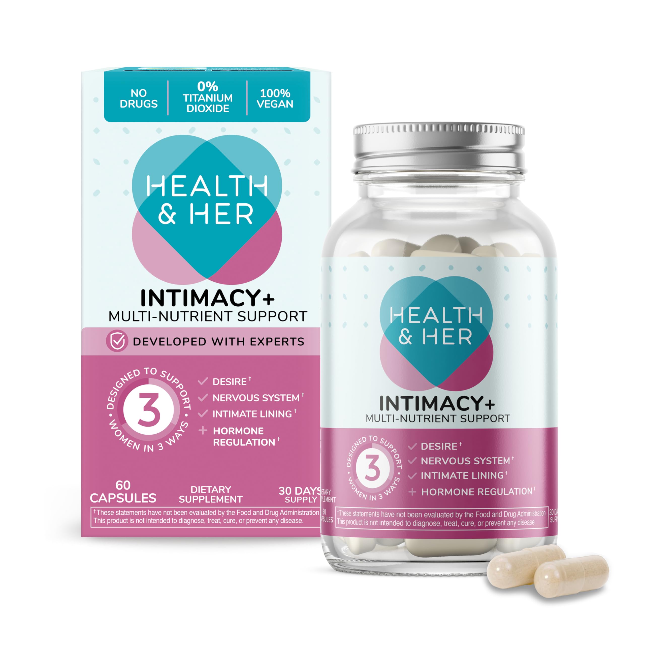 Health & Her Intimacy+ bottle and packaging