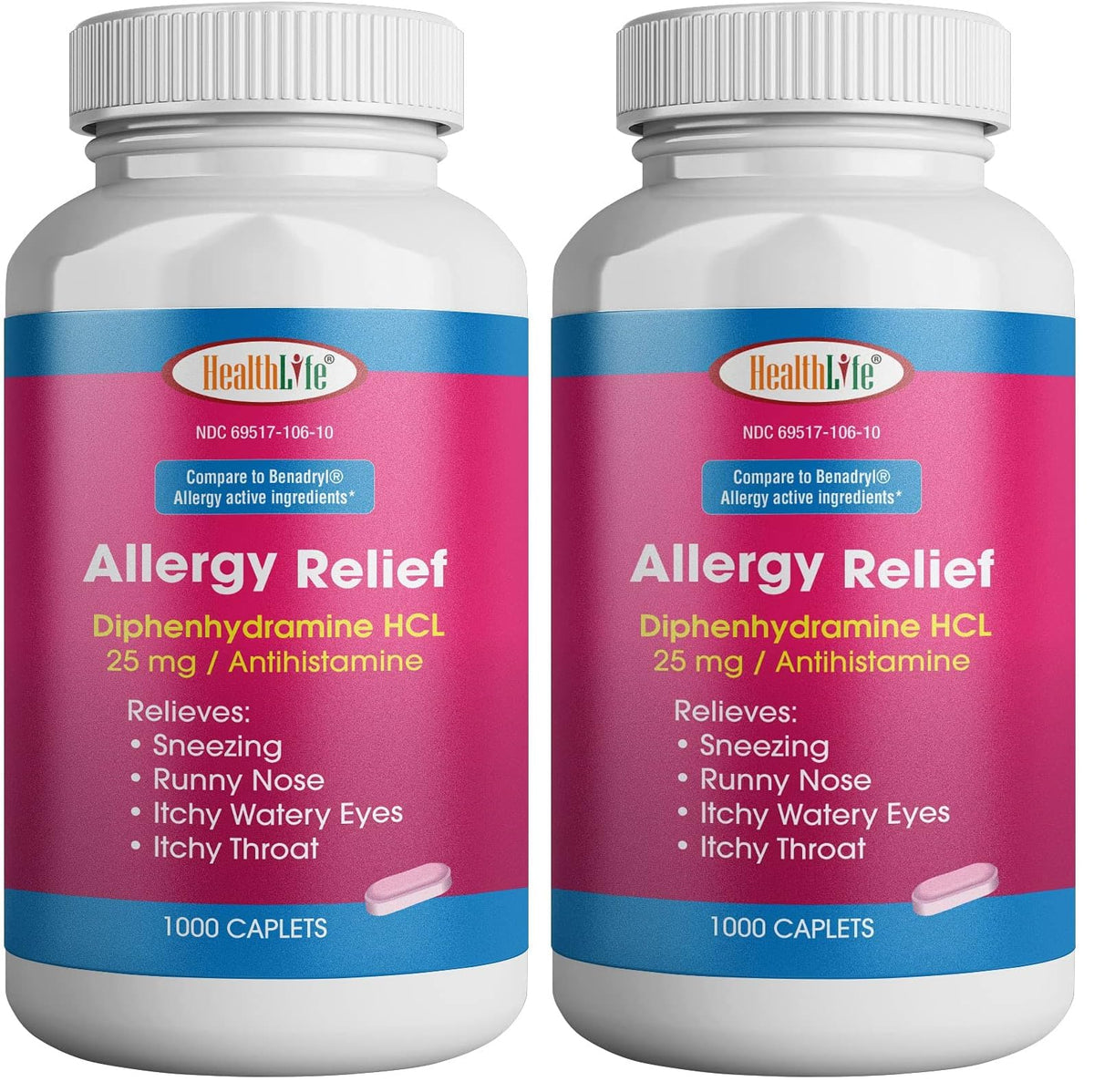 HEALTH LFE allergy relief bottle label shows per-pack dosing for allergy symptom support