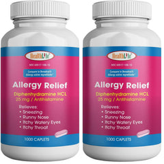HEALTH LFE allergy relief bottle label shows per-pack dosing for allergy symptom support