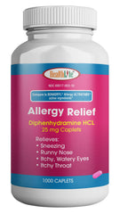 HEALTH LFE Allergy Relief caplets bottle front label for fast symptom relief.