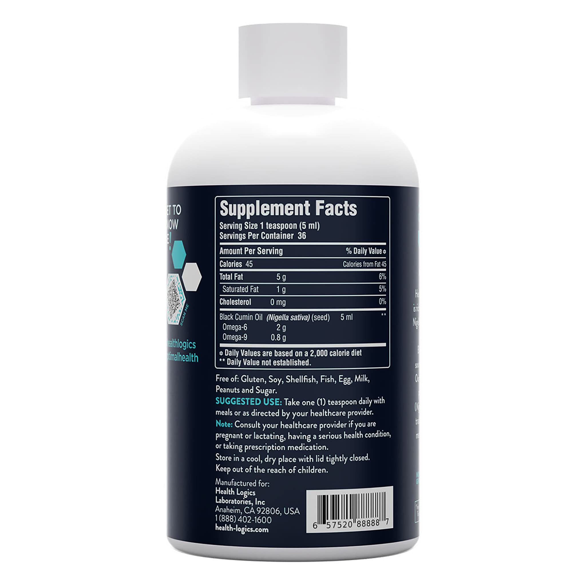Close-up of Health Logics Black Cumin Seed Oil label showing cold pressed and hexane-free